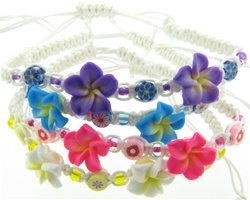 PLUMERIA FIMO FLOWER, SMALL FIMO FLOWER BEADS, ON BRAIDED WAXED CORD, SLIP KNOT BRACELET